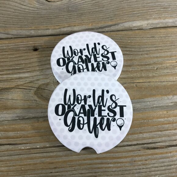 World's Okayest Golfer Car Coasters Set of 2 - Picture 1 of 5